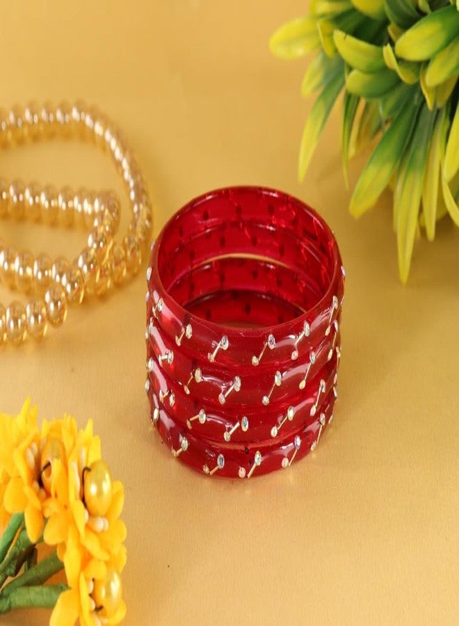 LAVAZZA Crystal Glass Bangles Kada Set For Women & Girls with Zircon Stones & Golden Beads | Glass Bangles Set for women | Bangles For Girls | American Diamond Bangles-(LV_MD6-Deluxe_PO2-Red-2.4) - Image 3