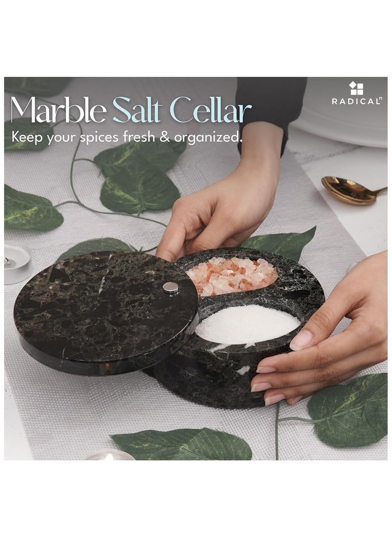 RADICALn Radicaln Salt and Pepper Bowl Black Handmade Marble Sugar Container with Lid - Salt Cellar Kitchen Storage Seasoning Containers with Two Compartments For Countertop - Spice Jars, Candy Jar  - Image 2