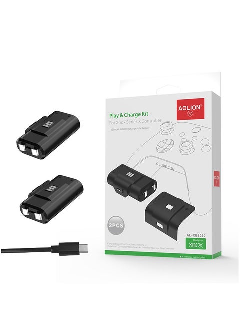 مجموعة بطاريات مفاتيح اللعبة AOLION XBOX ONE باللون الأسود: سعة كبيرة، طرق شحن متعددة، الشحن أثناء اللعب. حزمة بطاريات متوافقة مع XBOX ONE/XBOX ONE S/XBOX ONE/XBOX ONE Elite/XBOX Series S/X، 2 حزم بطاريات قابلة لإعادة الشحن مع كابل الشحن و4 أغطية بطاريات. كابل الشحن من النوع - C.