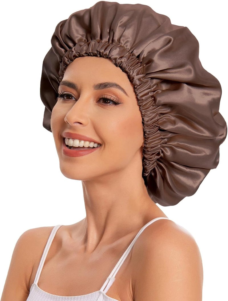 Edoneery Satin Hair Cap for Women Silk Night Cap for Natural Hair, Brown, One Size - Image 4