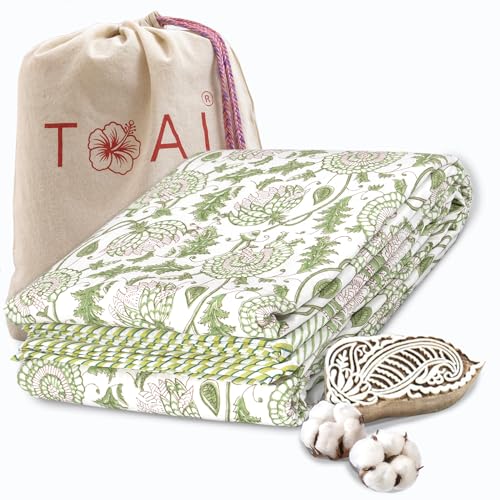 TOAIArt Premium Jaipuri Dohar | AC Blanket Summer Quilt | Hand Block Printed | 3 Layers | Reversible | 150GSM 100% Mulmul Cotton | 100% Cotton Flannel Filling | Single 60" X 90" |Green Kalamkari - Image 1