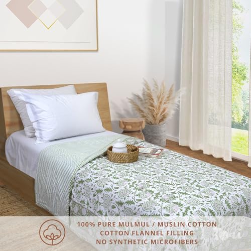 TOAIArt Premium Jaipuri Dohar | AC Blanket Summer Quilt | Hand Block Printed | 3 Layers | Reversible | 150GSM 100% Mulmul Cotton | 100% Cotton Flannel Filling | Single 60" X 90" |Green Kalamkari - Image 2