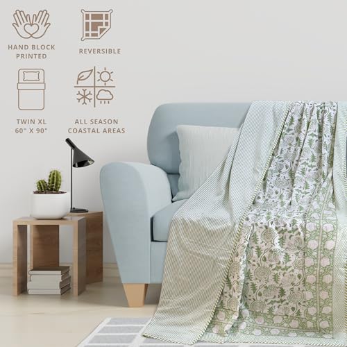 TOAIArt Premium Jaipuri Dohar | AC Blanket Summer Quilt | Hand Block Printed | 3 Layers | Reversible | 150GSM 100% Mulmul Cotton | 100% Cotton Flannel Filling | Single 60" X 90" |Green Kalamkari - Image 4