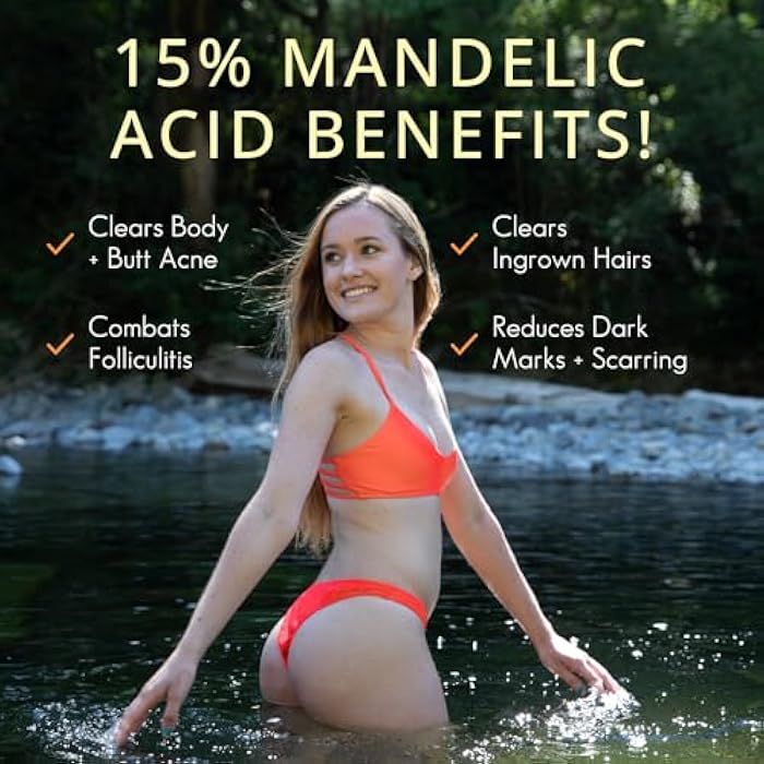 Almond Clear سيروم تنظيف الجسم [1 أونصة سائلة] سيروم حب الشباب من المستوى 2 - تركيبة متقدمة لحب الشباب في الجسم، التهاب الجريبات، الظهر، المؤخرة، الصدر، الفخذين، الكتفين - حمض الماندليك - Image 4