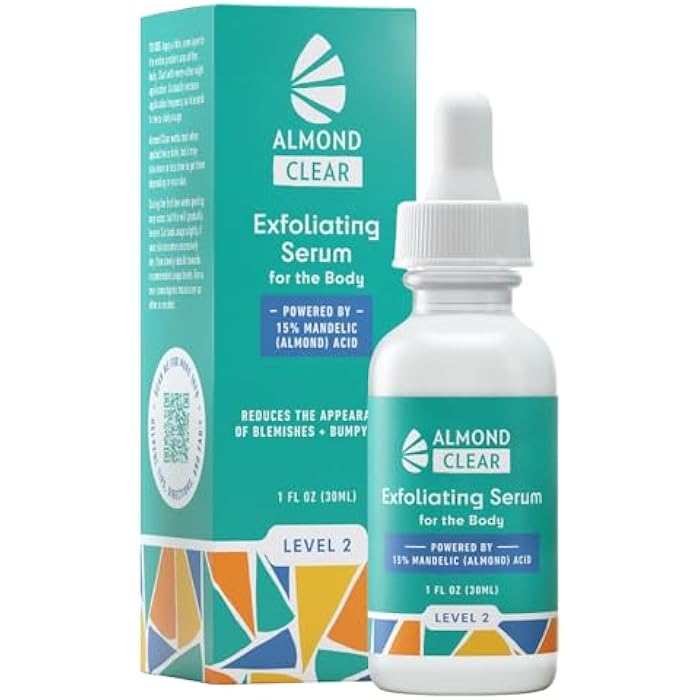 Almond Clear سيروم تنظيف الجسم [1 أونصة سائلة] سيروم حب الشباب من المستوى 2 - تركيبة متقدمة لحب الشباب في الجسم، التهاب الجريبات، الظهر، المؤخرة، الصدر، الفخذين، الكتفين - حمض الماندليك - Image 1