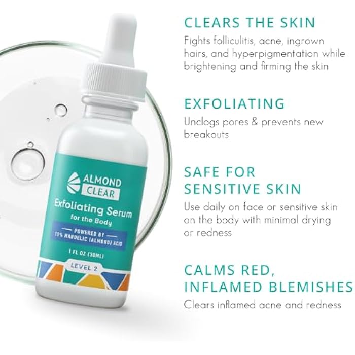 Almond Clear سيروم تنظيف الجسم [1 أونصة سائلة] سيروم حب الشباب من المستوى 2 - تركيبة متقدمة لحب الشباب في الجسم، التهاب الجريبات، الظهر، المؤخرة، الصدر، الفخذين، الكتفين - حمض الماندليك - Image 2