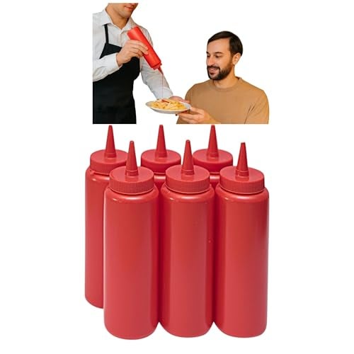 THW® 355 ML 12 oz Plastic Squeeze Bottles For Ketchup BBQ Sauce Syrup Condiments Mustard Mayo Hot Sauce Olive Oil Dressing, Red- Pack of 6 Pieces - Image 1
