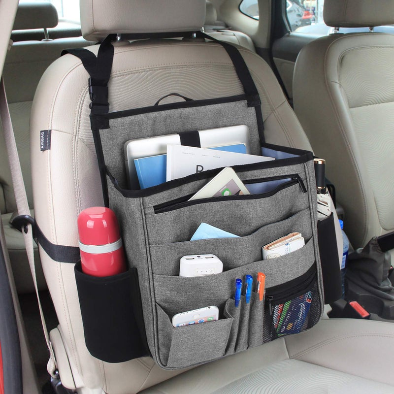 LUXJA Car Front Seat Organizer with Laptop and Tablet Storage Pockets, Car Seat Organizer with Back Adjustable Straps, Gray - Image 2