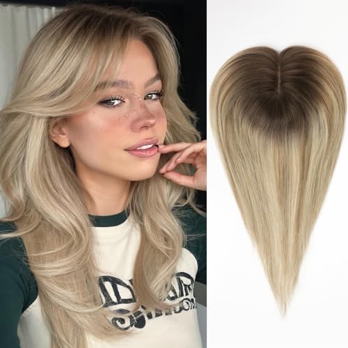 HAIRCUBE Hair Toppers For Women, Top Hairpieces 100% Remy Human Hair With Bangs, 150% Density Silk Base Clip In Topper For Slight Hair Loss/Thinning Hair/Gray Hair 14 inch 40g - Ombre T2-#6/#613 - Image 1