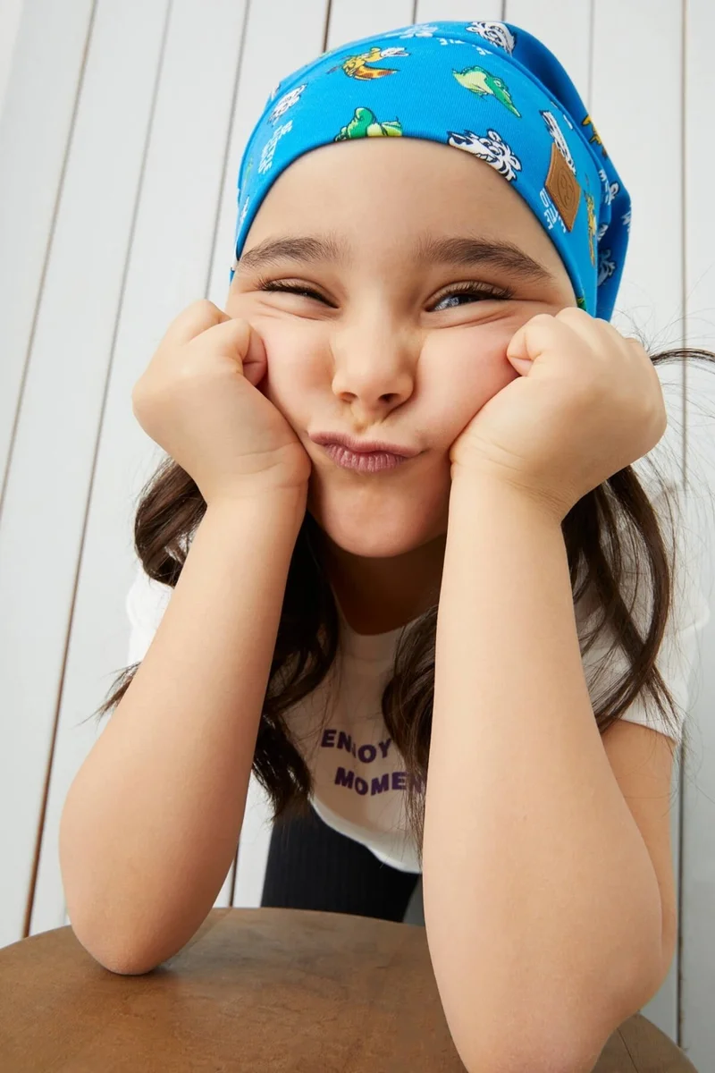 بيبيجيز Girl's Blue Patterned Yarn 4 Season Hat Beanie Buff Soft Combed Cotton