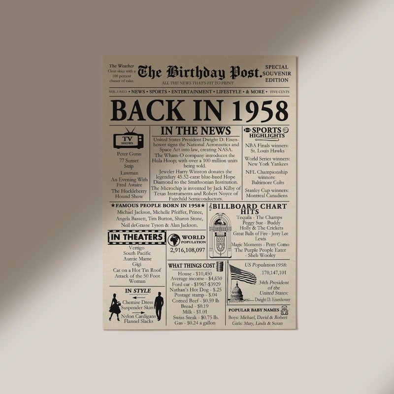 Stuff4 67th Birthday Poster Unframed - Back In 1958 Newspaper - Happy 67th Birthday Gifts for Men Women Vintage Retro Born In 1958  8x10 Inch Sixty-Seven Sixty-Seventh Bday Party Decor Decoration - Image 3