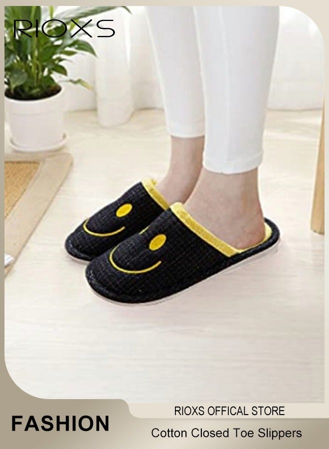 RIOXS Unisex Smile Face Cozy House Slippers, Warm Comfortable Smile Cotton Closed Toe Slippers for Women And Men, Anti-Slip Flat Slip-on House Shoes, Soft Lightweight Casual Slippers for Bedroom/Living Room, Warm Plush Slippers for Spring Autumn And Winter - Image 1