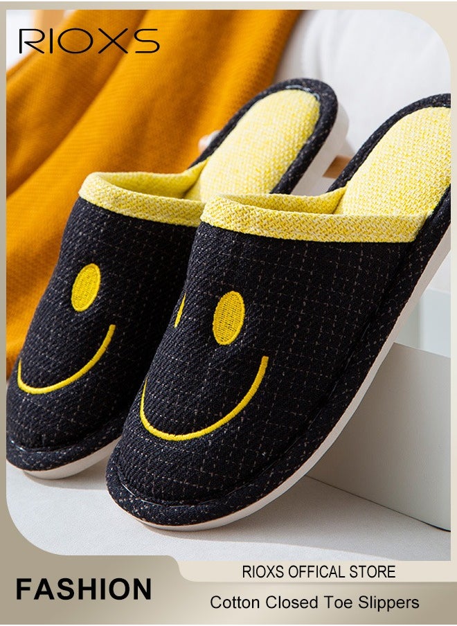 RIOXS House Slippers For Women And Men,Unisex Smile Cotton Closed Toe Slippers,Anti-Slip Flat Slippers,Comfy Casual Slippers For Bedroom/Living Room,Warm Plush Slippers Slip-on Shoes For Spring Autumn And Winter  - Image 1