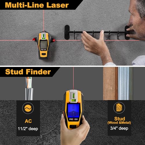 PREXISO 2-in-1 Stud Finder with Laser Level, Rechargeable Multi Surface Cross Line Laser & Wall Stud Scanners Tool for Hanging Frames & Picture, Wood Ac Wire Metal Studs Joist Pipe Detection - Image 2