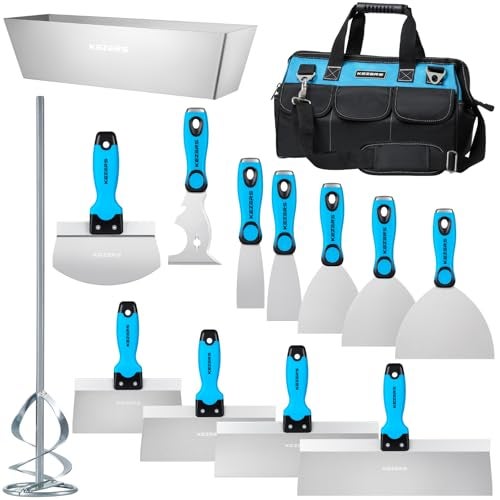 KEZERS Drywall Hand Tool Kit, 14 Pieces Stainless Steel 1.5" 2" 4" 5" 6" Putty Knife, 8" 10" 12" 14" Taping Knife, 14" Mud Pan, 6" Bucket Scoop, 11-in-1 Paint Scraper, 16" Mud Mixer & Tool Bag - Image 1