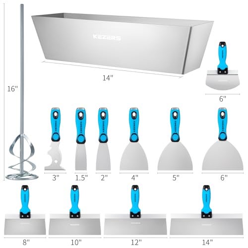 KEZERS Drywall Hand Tool Kit, 14 Pieces Stainless Steel 1.5" 2" 4" 5" 6" Putty Knife, 8" 10" 12" 14" Taping Knife, 14" Mud Pan, 6" Bucket Scoop, 11-in-1 Paint Scraper, 16" Mud Mixer & Tool Bag - Image 2