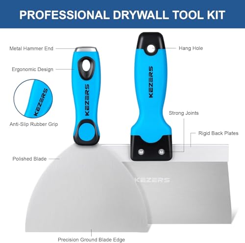 KEZERS Drywall Hand Tool Kit, 14 Pieces Stainless Steel 1.5" 2" 4" 5" 6" Putty Knife, 8" 10" 12" 14" Taping Knife, 14" Mud Pan, 6" Bucket Scoop, 11-in-1 Paint Scraper, 16" Mud Mixer & Tool Bag - Image 4