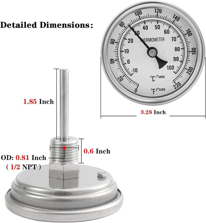 Ferroday 3" Dial 2" Probe 1/2 NPT Stainless Steel Dial Thermometer 1/2 NPT Homebrew Kettle Thermometer Weldless w/O-Rings 0-220ºF Kettle Stainless Steel Brew Pot Thermometer - Image 4