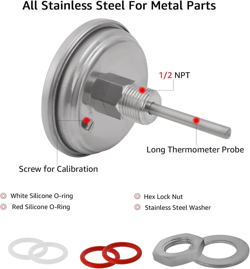 Ferroday 3" Dial 2" Probe 1/2 NPT Stainless Steel Dial Thermometer 1/2 NPT Homebrew Kettle Thermometer Weldless w/O-Rings 0-220ºF Kettle Stainless Steel Brew Pot Thermometer - Image 3