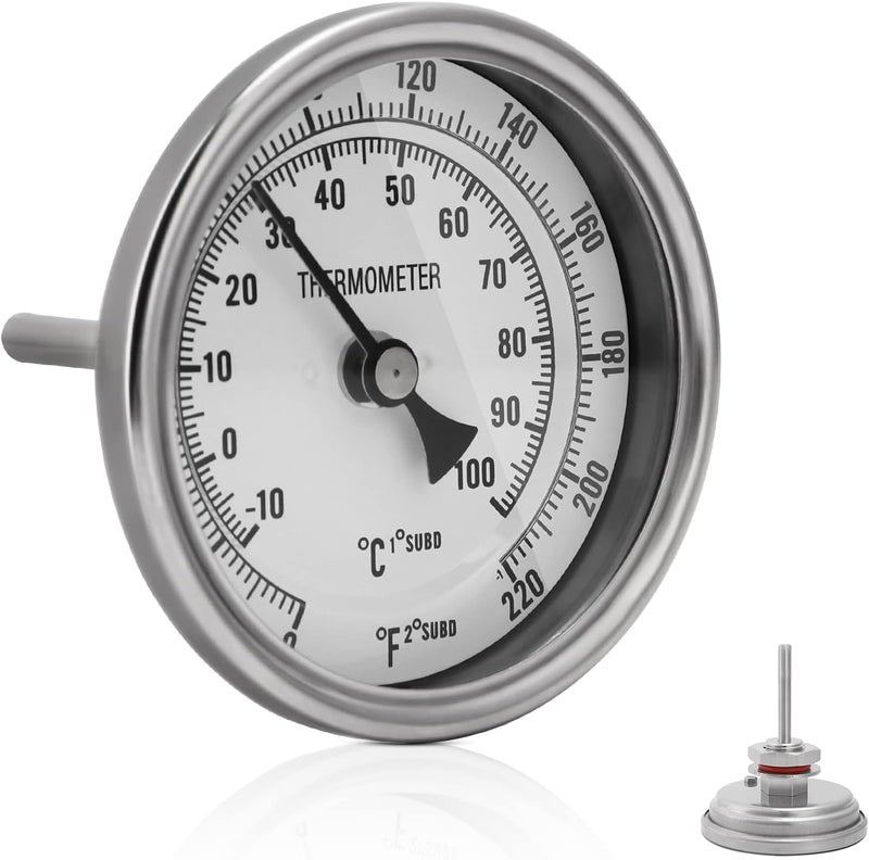 Ferroday 3" Dial 2" Probe 1/2 NPT Stainless Steel Dial Thermometer 1/2 NPT Homebrew Kettle Thermometer Weldless w/O-Rings 0-220ºF Kettle Stainless Steel Brew Pot Thermometer - Image 1