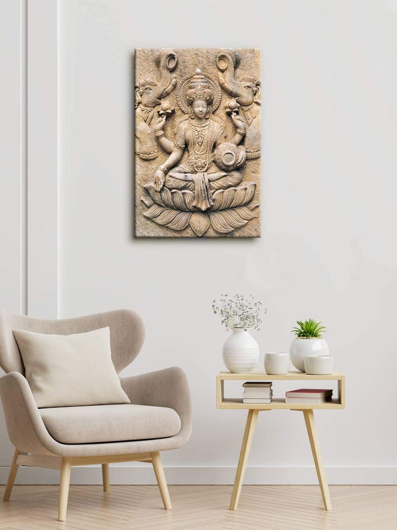 999STORE 999Store Wooden Stretched Framed canvas painting abstract paintings for living room Mata Laxmi Sitting On Lotus Wall frames modern stylish dcor home hanging Canvas 18X30 Inches Strectched Canvas FLP18300515  - Image 1