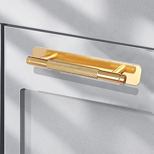Westablize 12 Pack 5 Inch 128 mm Self-adhesive Gold Barrel Knurled Cabinet Handles with Base Plate Aluminum Cabinet Pulls for Drawer Sliding Door Charcuterie Board Gold Drawer Handles Drill&Punch Free - Image 3