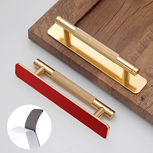 Westablize 12 Pack 5 Inch 128 mm Self-adhesive Gold Barrel Knurled Cabinet Handles with Base Plate Aluminum Cabinet Pulls for Drawer Sliding Door Charcuterie Board Gold Drawer Handles Drill&Punch Free - Image 1