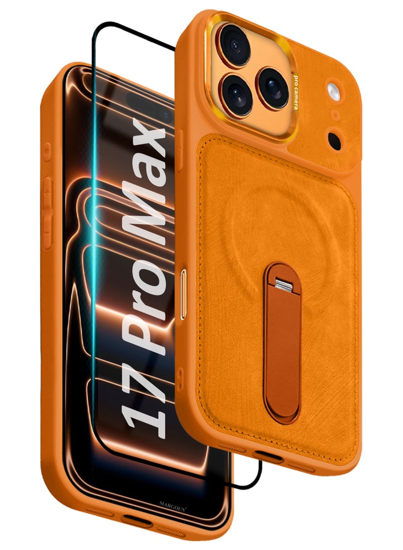 MAXORA 2 Pack Alcantara Soft Case for iPhone 17 Pro Max Case 6.9'' Compatible with Magsafe, One Case One 3D Screen Protector, Leather Protective Cover with Kickstand 360 Rotation - Cosmic Orange - Image 1