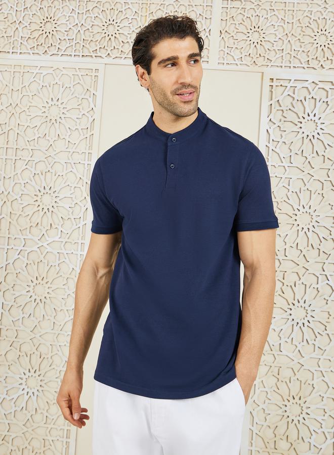 Styli Solid Grandad Collar Pique Polo - Image 1