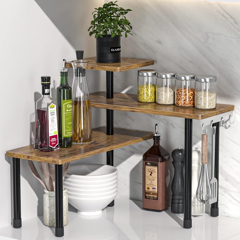 JayRex Countertop Organizer Organization, 3 Tier Moveable Corner Shelf for Kitchen, Bathroom, Spice Rack, Coffee Area, Over Sink, Dresser Table (Rustic Brown) - Image 1