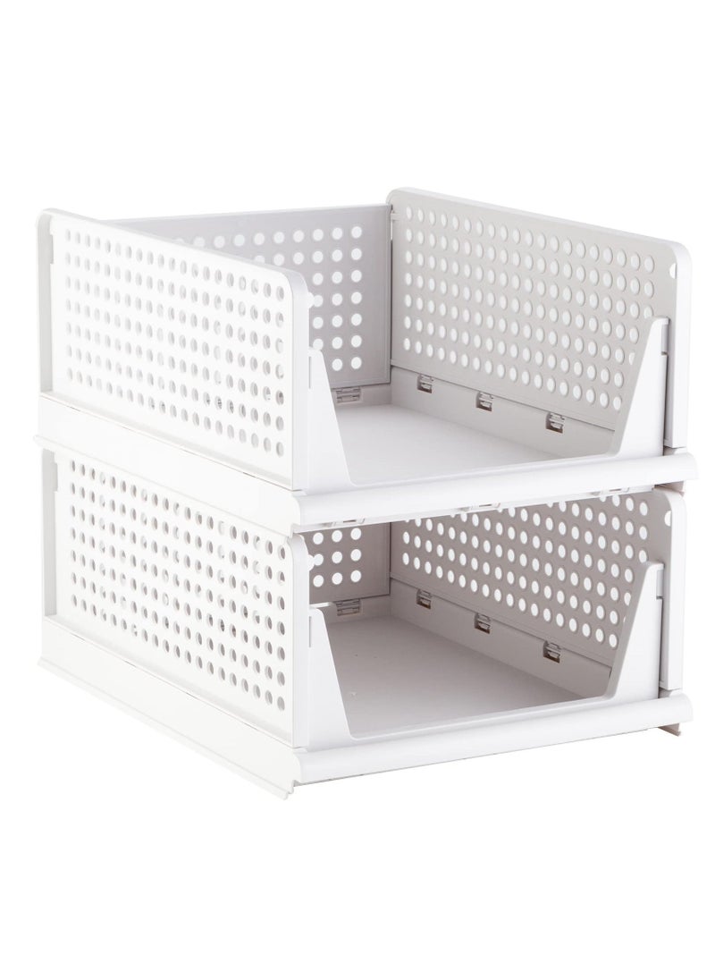 Generic Stackable Plastic Storage Basket, Foldable Closet Organizers and Storage Bins, Drawer Shelf Storage Container for Wardrobe Cupboard Bedroom Bathroom Office, White Large, 2 Pack  - Image 1