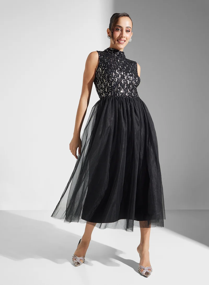 Lace and Beads Tulle Sparkle Midi Dress