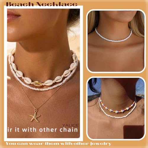 Yalice Boho Choker Necklace Chain Rice Beaded Necklaces Summer Surfer Costume Neck Accessories for Women (White) - Image 3