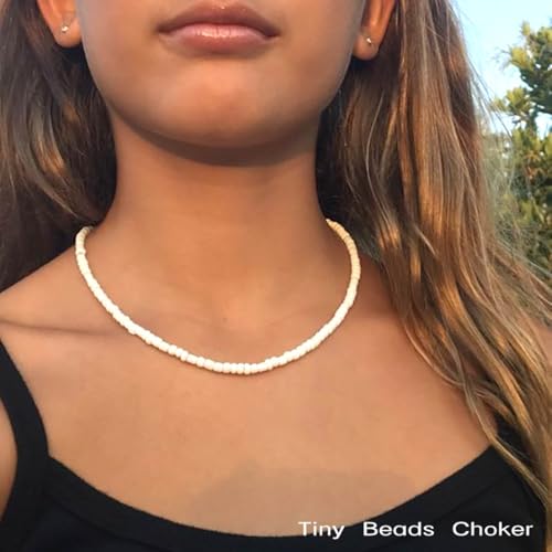 Yalice Boho Choker Necklace Chain Rice Beaded Necklaces Summer Surfer Costume Neck Accessories for Women (White) - Image 2