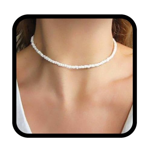 Yalice Boho Choker Necklace Chain Rice Beaded Necklaces Summer Surfer Costume Neck Accessories for Women (White) - Image 1