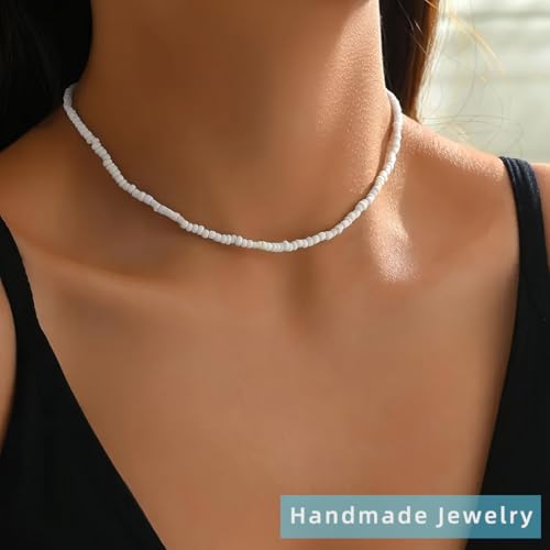 Yalice Boho Choker Necklace Chain Rice Beaded Necklaces Summer Surfer Costume Neck Accessories for Women (White) - Image 4