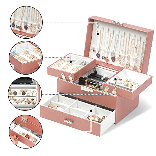 Dajasan Jewelry Organizer Box, Jewelry Box Organizer for Women Girls, 3 Layers Large Jewelry Storage Case for Earring, Rings, Necklaces Bracelets, Watch (Rose Gold) - Image 2