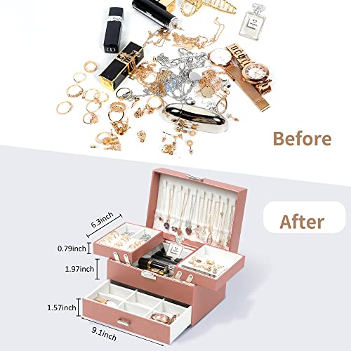 Dajasan Jewelry Organizer Box, Jewelry Box Organizer for Women Girls, 3 Layers Large Jewelry Storage Case for Earring, Rings, Necklaces Bracelets, Watch (Rose Gold) - Image 4
