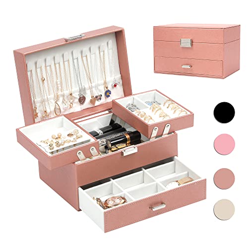 Dajasan Jewelry Organizer Box, Jewelry Box Organizer for Women Girls, 3 Layers Large Jewelry Storage Case for Earring, Rings, Necklaces Bracelets, Watch (Rose Gold) - Image 1