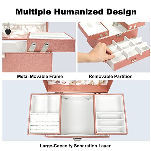 Dajasan Jewelry Organizer Box, Jewelry Box Organizer for Women Girls, 3 Layers Large Jewelry Storage Case for Earring, Rings, Necklaces Bracelets, Watch (Rose Gold) - Image 3