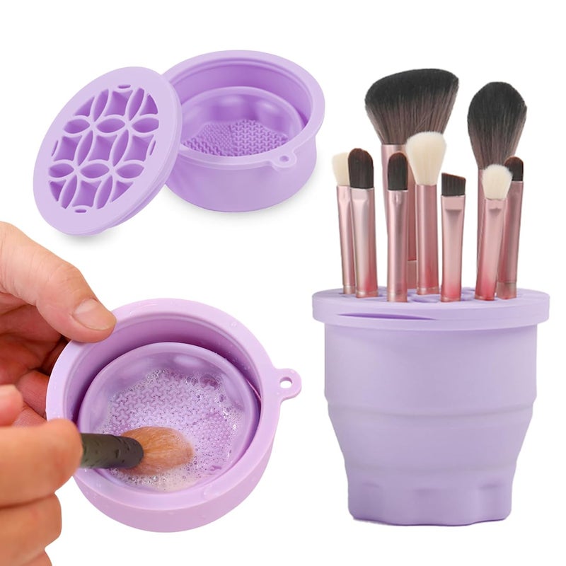 Makeup Brush Cleaner Mat & Organizer, 2 In 1 Silicone Pad & Holder, Portable Washing Tool for Makeup Brushes (Purple)