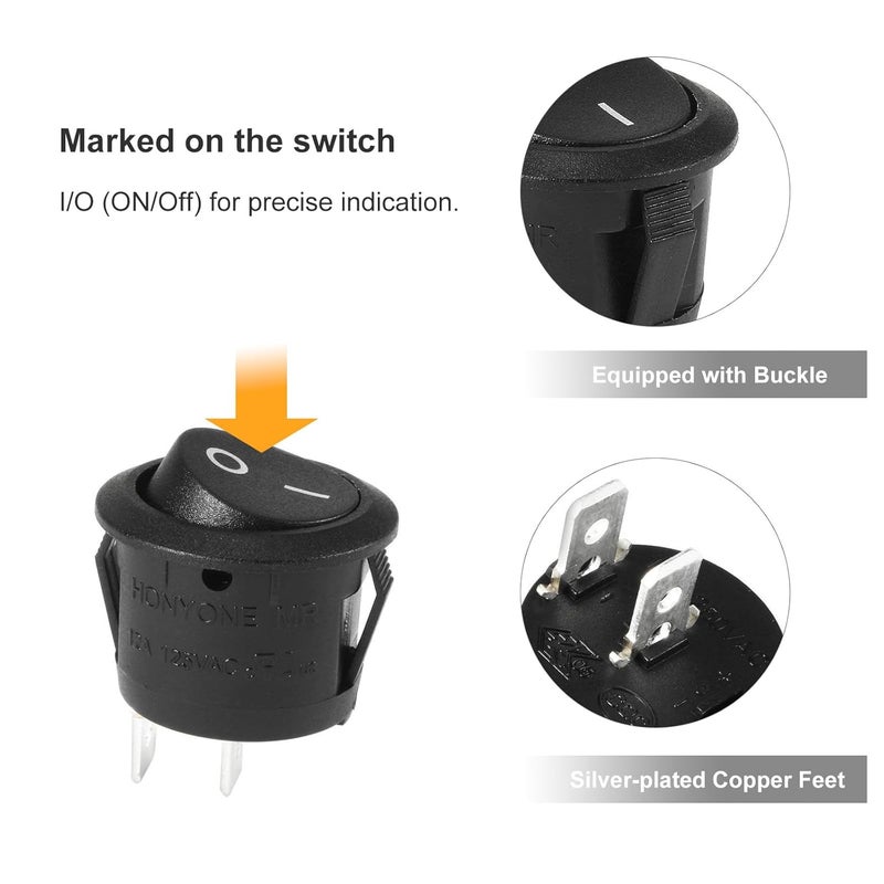 RuoFeng 10Pcs Snap-in Round Rocker Switch SPST Mini Toggle Switch 2 Pin 2 Position Black Button Power ON Off Switch AC 10A/125V 6A/250V, Used for Auto Car Boat Electrical Switch - Image 4