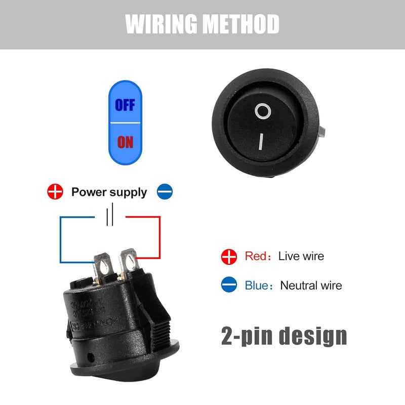 RuoFeng 10Pcs Snap-in Round Rocker Switch SPST Mini Toggle Switch 2 Pin 2 Position Black Button Power ON Off Switch AC 10A/125V 6A/250V, Used for Auto Car Boat Electrical Switch - Image 5