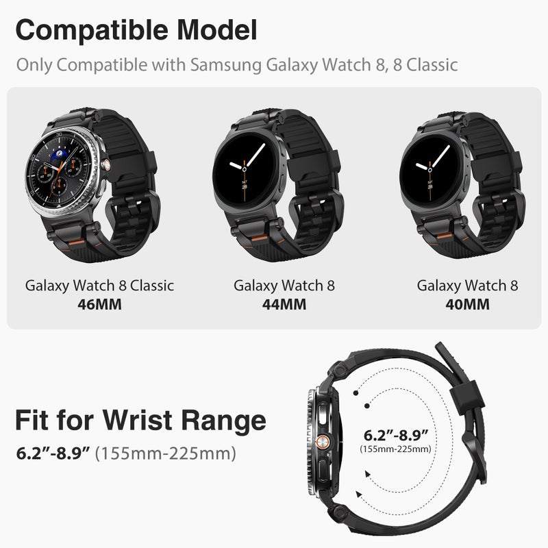 ULTIMAL Rugged TPU Sport Band ONLY for Samsung Galaxy Watch 8 Classic & Galaxy Watch 8 (40/44/46mm), Replacement Strap with Secure Connector, Waterproof Sweat-Resistant, Fit 6.2â€-8.9â€(Black+Black) - Image 2