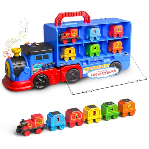 Gloween Train Set Truck Toys for Toddler Boys Girls Age 3 4 5 6 Years Old Carrier Transport Truck with Light Music Great Christmas Birthday Gifts for Kids 34 35 Years Old - Image 1