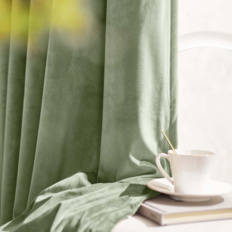 Lazzzy Green Velvet Blackout Curtains 90 Inches Long Thermal Insulated Room Darkening Lined Curtain Drapes Luxury Back Tab Window Treatments For Bedroom Living Room 2 Panels  52 X 90 Inch  Olive Sage - Image 2