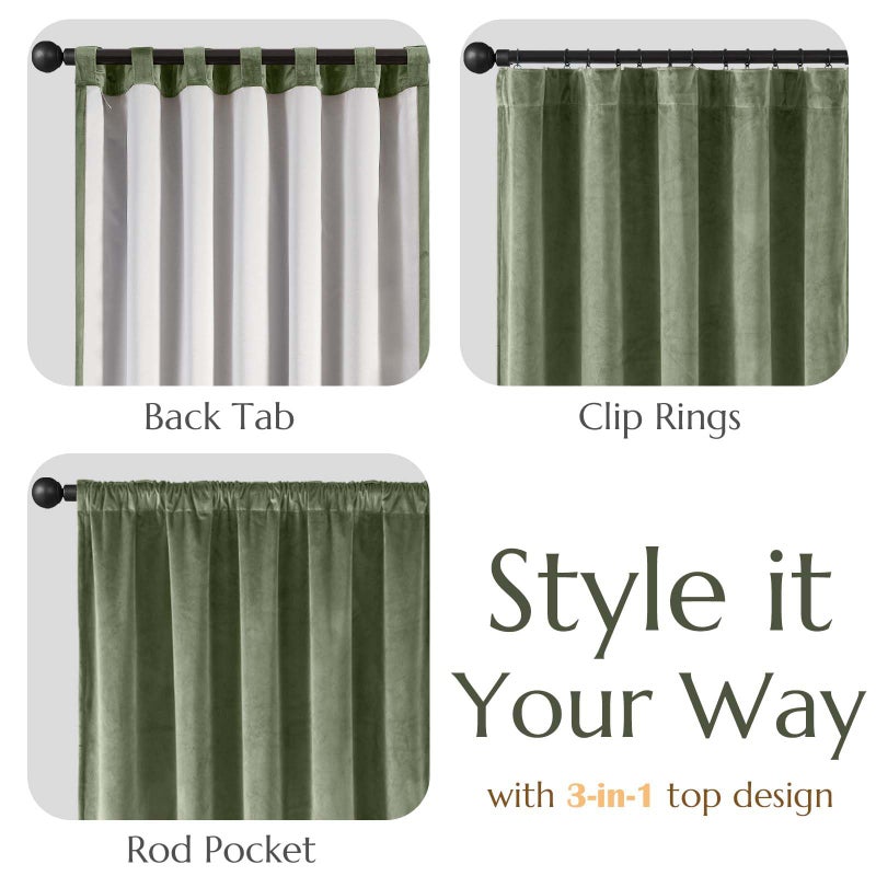Lazzzy Green Velvet Blackout Curtains 90 Inches Long Thermal Insulated Room Darkening Lined Curtain Drapes Luxury Back Tab Window Treatments For Bedroom Living Room 2 Panels  52 X 90 Inch  Olive Sage - Image 5