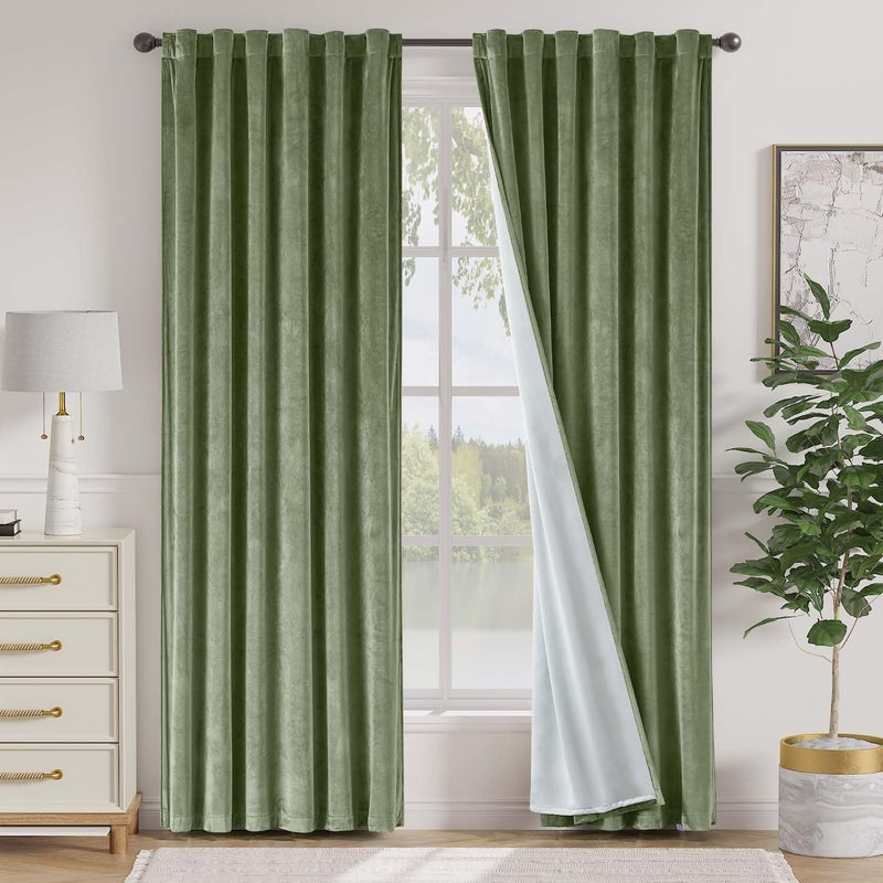 Lazzzy Green Velvet Blackout Curtains 90 Inches Long Thermal Insulated Room Darkening Lined Curtain Drapes Luxury Back Tab Window Treatments For Bedroom Living Room 2 Panels  52 X 90 Inch  Olive Sage - Image 1