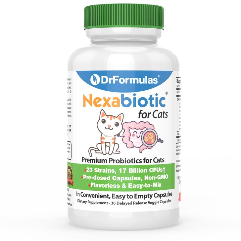 DrFormulas Nexabiotic Probiotics for Cats Powder | Treats Diarrhea for Pets with Saccharomyces Boulardii Lactobacillus Acidophilus, Best Probiotics Supplement for Digestive Health 30 Capsule - Image 1