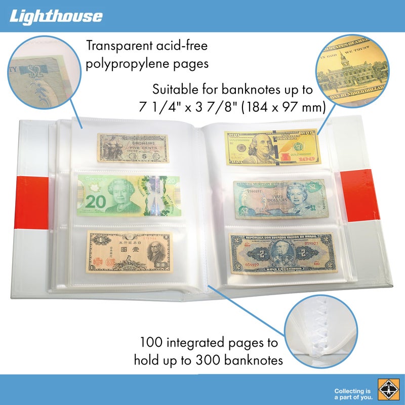 LIGHTHOUSE - Currency Album with 100 Integrated Sheets to Store and Display 300 Banknotes (9 2/3" x 11 4/5" x 2 1/3") - Image 3